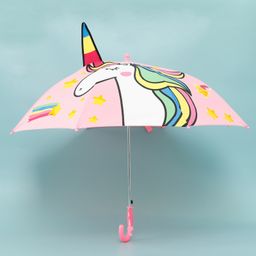 Kids Umbrella with J Shaped Handle Unicorn Print & Whistle - Pink-10