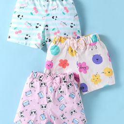 Teddy Sinker Knit Knee Length Shorts With Floral & Panda Print Pack of 3 - White Light Blue & Pink-picture-14