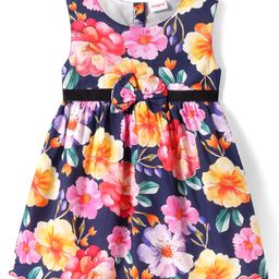 Babyhug Cotton Woven Sleeveless Frock with Floral Print & Bow Applique - Navy Blue-image-73