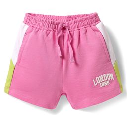 Babyhug Cotton Terry Knit Mid Thigh Shorts With London Embossed Print - Pink-image-80