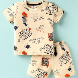 Mini Donuts Cotton Knit Half Sleeves Co-Ord Short Night Suit with Super Cool Text Print - Cream-image-20