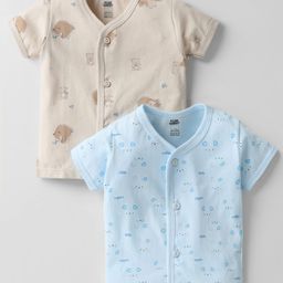 Pink Rabbit Single Jersey Knit Half Sleeves Front Open Vests with Animal Print Pack of 2 - Light Blue & Beige-21