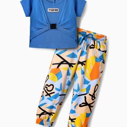 OLLINGTON ST. Single Jersey Knit Half Sleeves Top & Trouser Suit With Abstract Print - Blue-image-39