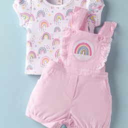 ToffyHouse Corduroy Woven Dungaree & Half Sleeves Inner Tee With Rainbow Print & Embroidery - Pink & White-picture-12