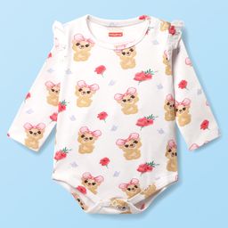 Babyhug 100% Cotton Interlock Knit Full Sleeves Onesie with Teddy & Floral Print - White-image-40