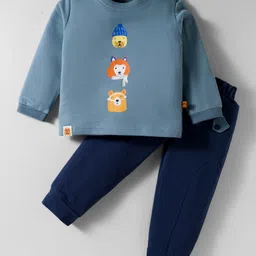 Mini Taurus Looper Knit Full Sleeves T-Shirt & Jogger Set with Animal Print - Blue-picture-37