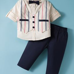 ToffyHouse Cotton Woven Full Sleeves Shirt & Trouser Set with Attached Striped Waistcoat & Bow - Black & White-picture-5