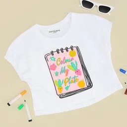 Pantaloons Junior Cotton Knit Half Sleeves Colour My Plate Text Printed Top - White-picture-22