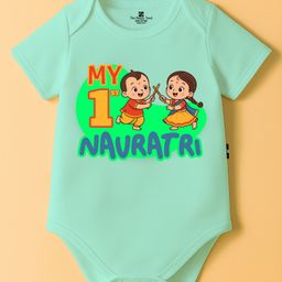 The Peppy Tend 100% Cotton Knit Navratri Theme Half Sleeves My 1st Navratri Text Printed Onesie - Sea Green-picture-2