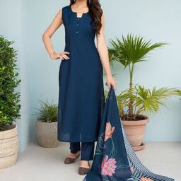 SZN Notch Neck Straight Kurta With Trousers & Dupatta-image-0