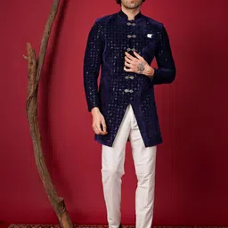 Dulha Ghar Men Embroidered Mandarin Collar Sherwani Set-picture-16