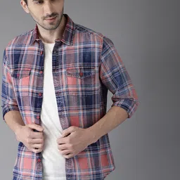 Moda Rapido Men Pink & Navy Blue Slim Fit Checked Casual Shirt-image-12