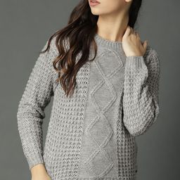 Roadster Fast and Furious Women Grey Melange Open Knit Pullover-11