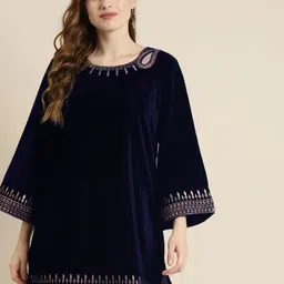 Shae by SASSAFRAS Navy Blue Velvet Kurti-image-79
