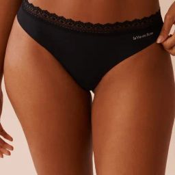 La Vie En Rose Black Microfiber and Lace Trim Thong Panty-image-69