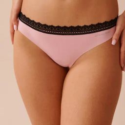 La Vie En Rose Pink Microfiber and Lace Trim Thong Panty-image-85