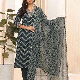 KALINI Floral Printed V-Neck Sequinned A-Line Kurta With Trousers & Dupatta-image-52