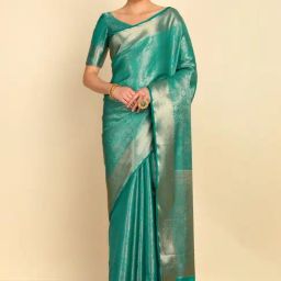 Soch Womens Teal Ethnic Motifs Woven Design Jacquard Weave Silk Blend Saree-image-4