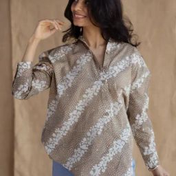 The Indian Ethnic Co Beige Batik Handblock Printed Cotton Loose Shirt with Shirt Collar & Full Sleeves-image-48