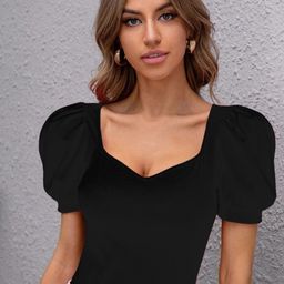 FERY LONDON Women Ribbed Sweetheart Neck Puff Sleeve Top-image-9