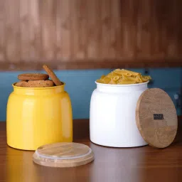 HAZEL Yellow & White Galvanized metal Storage Container with Lid - Set of 2 image 1