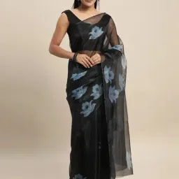 Blissta Navy Floral Print Saree With Unstitched Blouse-picture-44