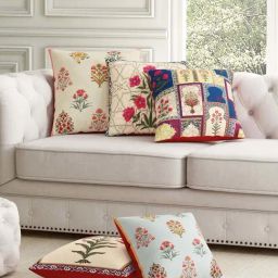 SEJ by Nisha Gupta Beige & Blue Polyester Cushion Cover - Set of 5-image-59
