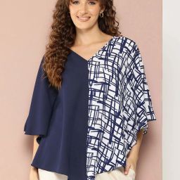 Qurvii Blue & White Color-Block Top image 1