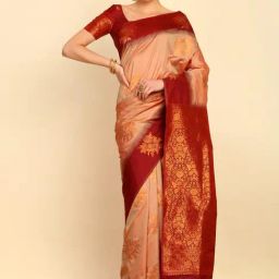 Soch Womens Earth Floral Zari Woven Design Silk Blend Saree With Tassels-image-73