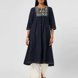 Rangmanch By Pantaloons Blue Cotton Regular Fit Embroidered Kurta-picture-40