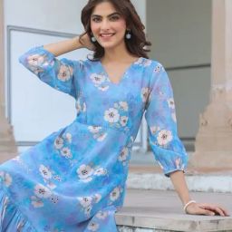 Janasya Blue Floral Printed Dress-image-2