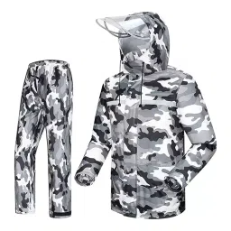 Allextreme Two-Piece Raincoat Grey Color Army Print Size XXXL With Transparent Face Shield, Detachable Hood for Adult Men, MK002-01-2