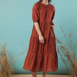 RAREISM Brown Cotton Solid Short Sleeves Dress-image-21