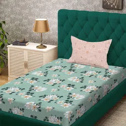 KLOTTHE Green Floral 300 TC Single Bedsheet with 1 Pillow Covers-picture-1
