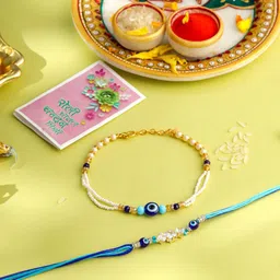 Sangria Stones Studded & Beaded Bhaiya Bhabhi Evil Eye Rakhi With Roli Chawal-image-98