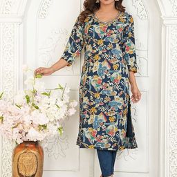 KRITHA Floral Printed Regular Pure Silk Kurti with Trousers-image-69