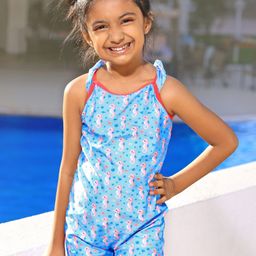 Babyhug Sleeveless Legged Swimsuit With Bow Applique Sea Horse Print- Blue-image-71