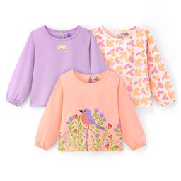 Doodle Poodle 100% Cotton Full Sleeves T-Shirt Bird Print Pack Of 3- Peach Yellow & Purple-image-65
