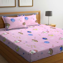Arrabi Pink Cartoon TC Cotton Blend King Size Bedsheet With 2 Pillow Covers ARBS 1710 - Pink-image-63