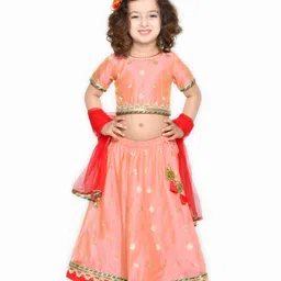 Saka Designs By Sapna Half Sleeves Ethnic Foil Printed & Lace Embellished Lehenga Choli - Peach & Red-picture-5