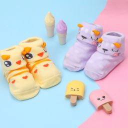 Yellow Bee Pack Of 2 Duck & Bear Face Detailed Striped Anti Skid Socks - Yellow & Purple-image-38