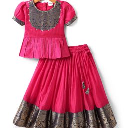 Babyhug Woven Half Sleeves Pattu Pavada Lehenga Choli Set With Floral & Lace Detailing - Dark Pink-image-99