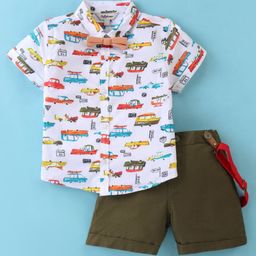 ToffyHouse 100% Cotton Woven Half Sleeves  Car Printed Shirt & Shorts Set with Bow & Suspender - Olive Green & White-image-39