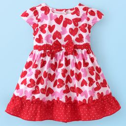 Babyhug Poplin Cotton Cap Sleeves Frock with Heart Print & Bow Applique - Red & Pink-image-96