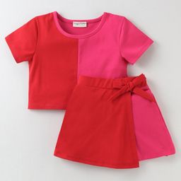 CrayonFlakes Cotton Half Sleeves Colour Block Coordinating Crop Top & Skort Set - Red-image-86