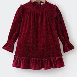 Kookie Kids Full Sleeves Smocking & Frill Detailed Frock With Polka Dots Print - Maroon-picture-19