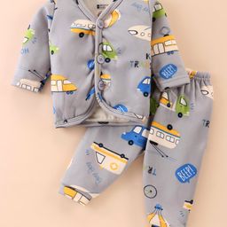 Bodycare Interlock Knit Full Sleeves Front Open Night Suit With Vehicles Print - Grey-14