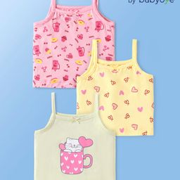 Babyoye Cotton Spandex Sleeveless Slips with Animals & Heart Print Pack of 3 - Yellow Pink & Mint-image-69