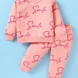 Smarty Girls Fleece Knit Full Sleeves Winter Wear Co-Ord Set With Text Print - Baby Pink-image-71