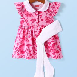 Babyhug Cotton Knit Frill Sleeves Frock With Floral & Butterfly Print & Stockings - Pink-picture-14